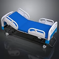 Adjustable Medical Bed With Blue Mattress White Rails And Mobile Wheels