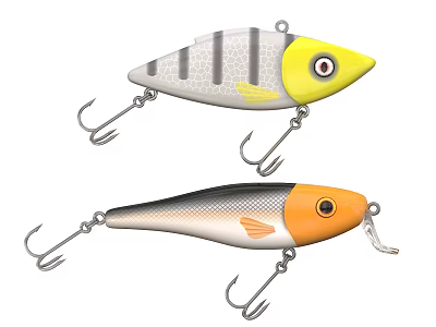 Gray Striped Silver Fishing Lures With Yellow Orange Eyes And Metal Hooks 3d model