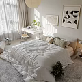 Modern Bedroom Interior Design With White Bedding Large Window Artwork Soft Rug And Christmas Tree