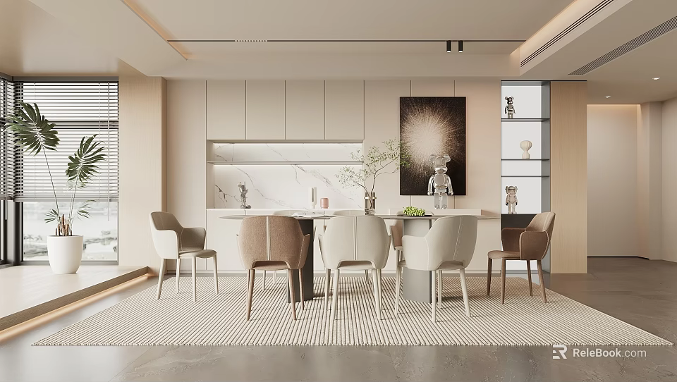 Modern Restaurant Interior Design With Dining Table Chairs And Decorative Painting 3d model