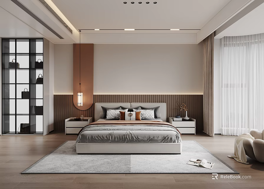 Modern Bedroom Interior Design With Bed Nightstands Accent Wall Rug And Curtains 3d model 