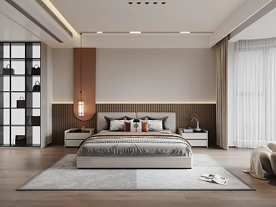 Modern Bedroom Interior Design With Bed Nightstands Accent Wall Rug And Curtains 3d model