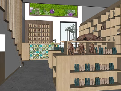 Specialty Store Interior Featuring Wooden Shelves Green Plant Wall Staircase And Product Displays 3d model