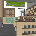 Specialty Store Interior Featuring Wooden Shelves Green Plant Wall Staircase And Product Displays