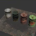 Colored Food Storage Containers With Scattered Debris On Dark Surface