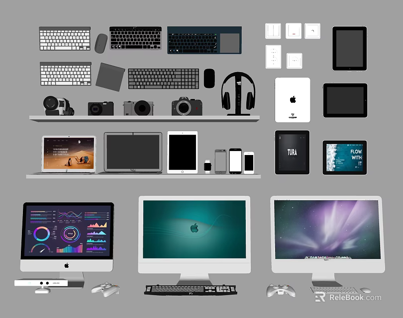 Computer Accessories Collection With Monitors Keyboards Mice Headphones Tablets And Game Controllers 3d model 