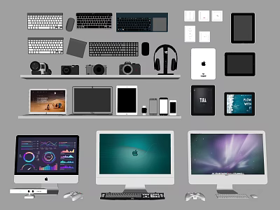Computer Accessories Collection With Monitors Keyboards Mice Headphones Tablets And Game Controllers 3d model