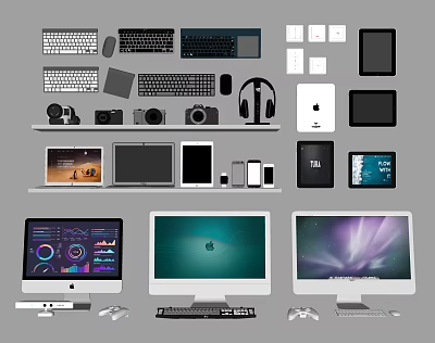Computer Accessories Collection With Monitors Keyboards Mice Headphones Tablets And Game Controllers 3d model