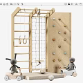 Wooden Kids Play Equipment with Climbing Net Ladder Rings Rock Wall and Bunny Dolls