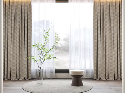Thick Curtains And Sheer Curtain By Window In Natural Light With Green Plant Stool Rug 3d model