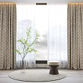 Thick Curtains And Sheer Curtain By Window In Natural Light With Green Plant Stool Rug
