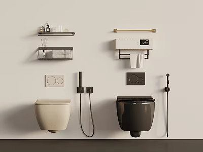Modern Bathroom Fixtures Featuring White And Black Toilets With Shelves Towel Racks And Holders 3d model