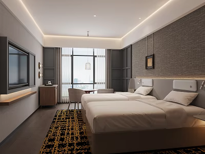 Elegant Modern Twin Bed Hotel Guest Room With Large City View Window And Cozy Interior 3d model