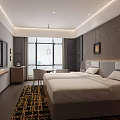 Elegant Modern Twin Bed Hotel Guest Room With Large City View Window And Cozy Interior