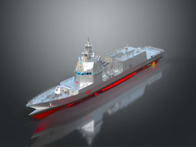 3D Rendered Modern Military Ship With Gray Hull Red Bottom Upper Structure And Antennas 3d model