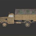 Vintage Old Truck Featuring Camouflage Tarpaulin Cover And Detailed Wheels Design