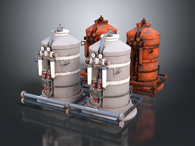 Industrial Storage Equipment Gray And Orange Tanks With Pipes Valves And Metal Stands 3d model