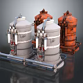 Industrial Storage Equipment Gray And Orange Tanks With Pipes Valves And Metal Stands