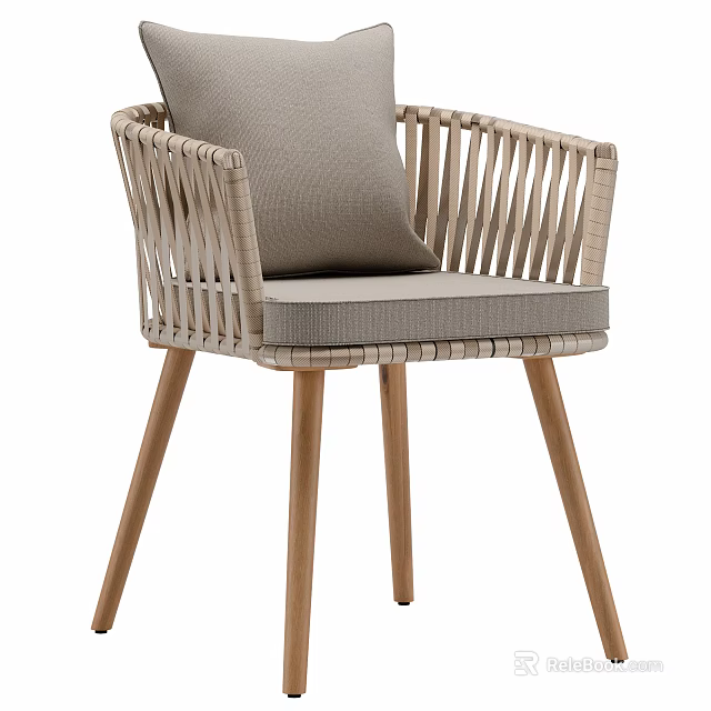 Stylish Leisure Chair With Wicker Armrests Light Gray Cushion And Wooden Legs 3d model 