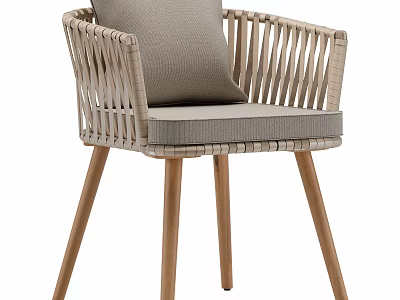 Stylish Leisure Chair With Wicker Armrests Light Gray Cushion And Wooden Legs 3d model