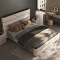 Modern Double Bed With White Gold Trim Headboard And Colorful Pillows In Gray Bedroom