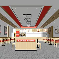 Modern Restaurant Interior With Red Ceiling Accents Tables Chairs Counter And Wall Posters