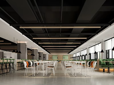 Modern Restaurant Interior Design With Open Layout Tables Chairs And Pendant Lighting 3d model