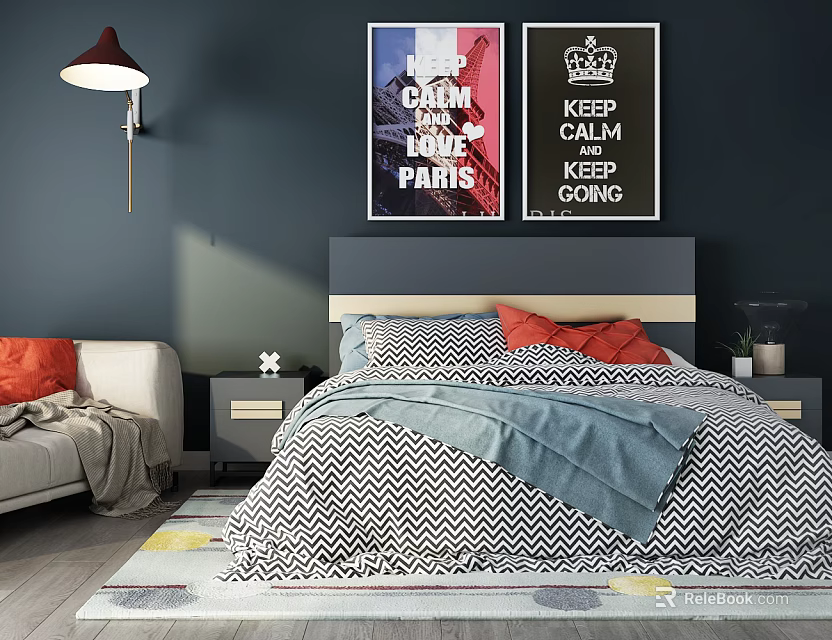 Double Bed Featuring Black White Chevron Quilt Red Pillows Blue Blanket And Keep Calm Posters 3d model 