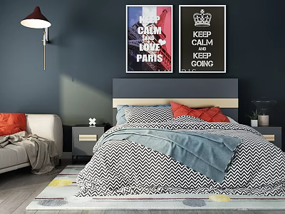 Double Bed Featuring Black White Chevron Quilt Red Pillows Blue Blanket And Keep Calm Posters 3d model
