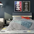 Double Bed Featuring Black White Chevron Quilt Red Pillows Blue Blanket And Keep Calm Posters