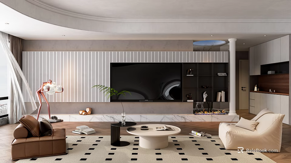 Modern Living and Dining Room Interior With TV Wall Sofa Coffee Table And Decorative Plant 3d model 