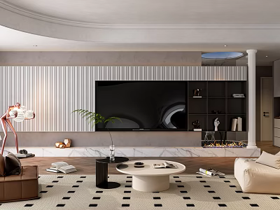 Modern Living and Dining Room Interior With TV Wall Sofa Coffee Table And Decorative Plant 3d model
