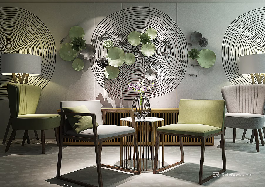 Elegant Modern Wall Decor With Green Leaf Accents And Circular Patterns In Living Room 3d model 
