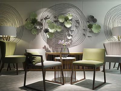 Elegant Modern Wall Decor With Green Leaf Accents And Circular Patterns In Living Room 3d model