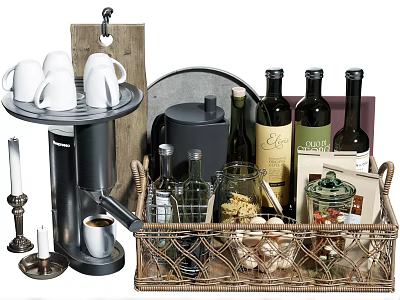 Modern Kitchen Setup With Coffee Maker Teapot Mugs Wine Bottles And Appliances 3d model
