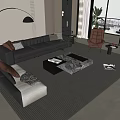 Modern Living Room Sofa and Coffee Table Set with Orange Armchair Large Windows Area Rug