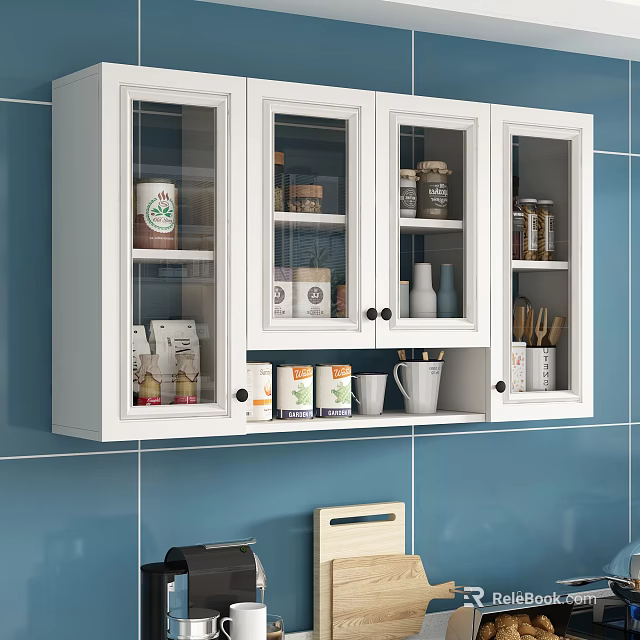 White Glass Door Cabinet On Blue Tiled Wall With Jars Mugs And Kitchen Utensils 3d model 