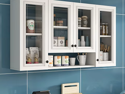 White Glass Door Cabinet On Blue Tiled Wall With Jars Mugs And Kitchen Utensils 3d model