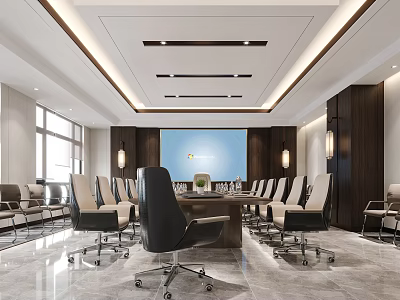 Modern Conference Room Interior Design With Long Wooden Table Leather Chairs And Projector Screen 3d model