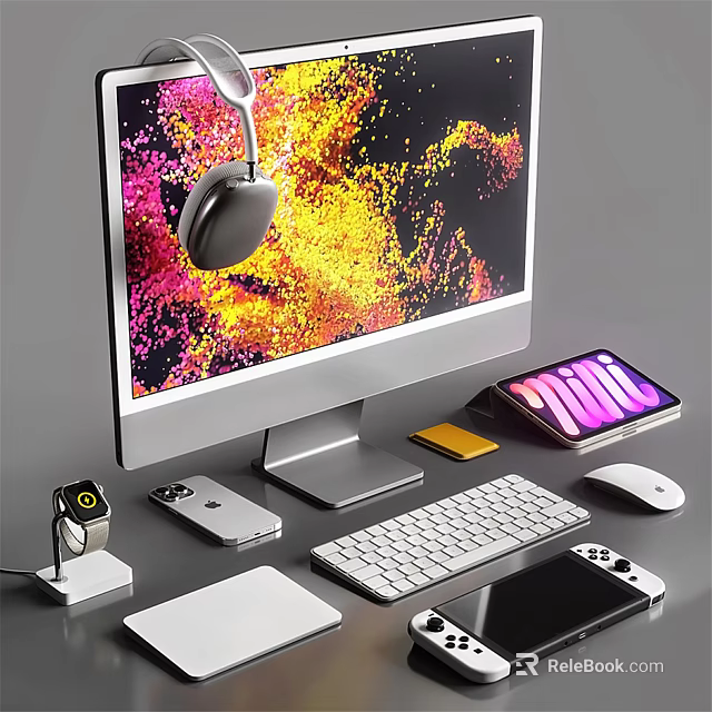 Modern Computer Monitor Setup With Vibrant Display Headphones Smartphone Smartwatch Keyboard Mouse And Tablet 3d model 