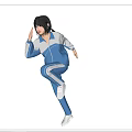 Woman In Blue And White Tracksuit Performing Dynamic Movement On Black Background