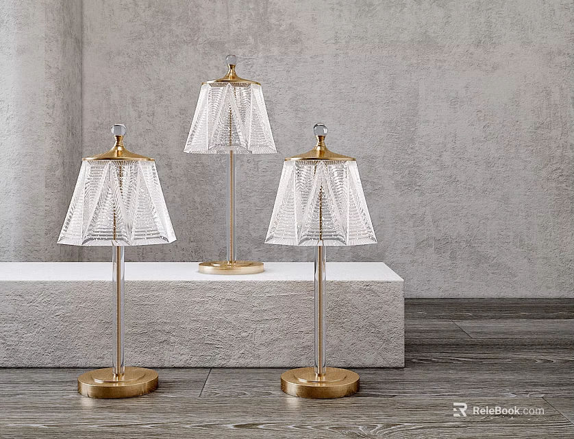 Three Elegant Crystal Lamps With Gold Base And Transparent Shade On Gray Display Stand 3d model 