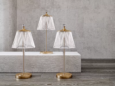 Three Elegant Crystal Lamps With Gold Base And Transparent Shade On Gray Display Stand 3d model