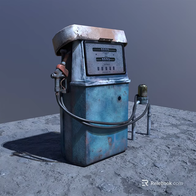 Old Rustic Blue Gas Pump With Weathered Surface Fuel Hose And Concrete Ground 3d model 