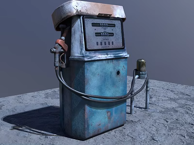 Old Rustic Blue Gas Pump With Weathered Surface Fuel Hose And Concrete Ground 3d model