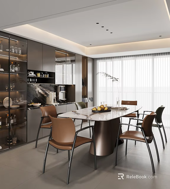 Modern Restaurant Interior With Marble Top Dining Table Brown Chairs And Glass Display Cabinet 3d model 