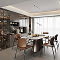 Modern Restaurant Interior With Marble Top Dining Table Brown Chairs And Glass Display Cabinet