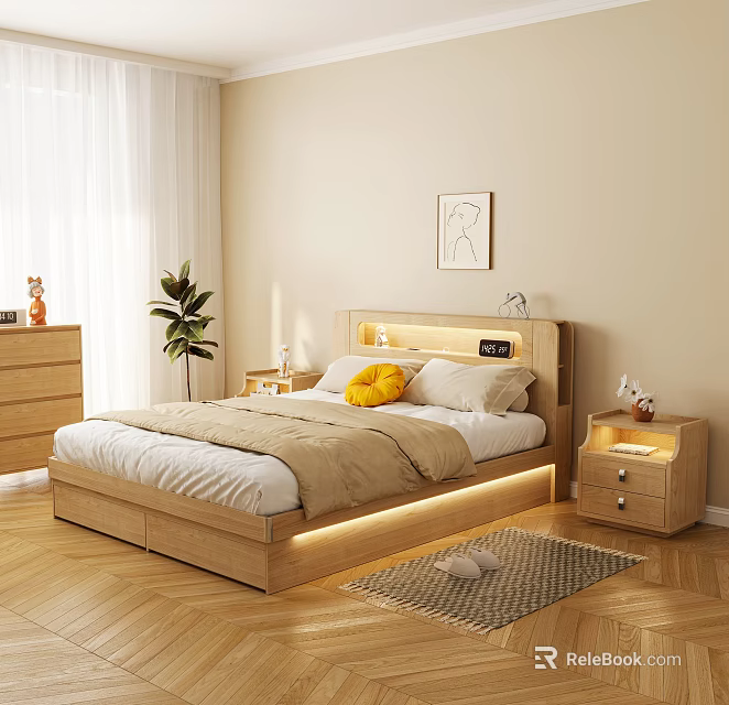 Modern Bedroom Interior Wooden Double Bed With LED Strip Headboard Yellow Pillow And Beige Rug 3d model 