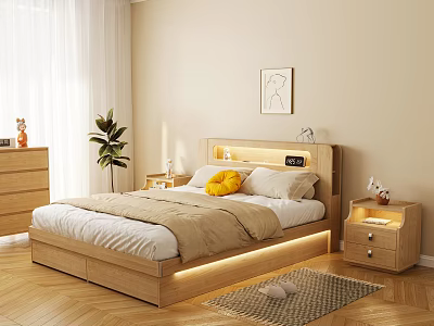 Modern Bedroom Interior Wooden Double Bed With LED Strip Headboard Yellow Pillow And Beige Rug 3d model