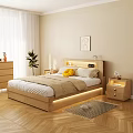 Modern Bedroom Interior Wooden Double Bed With LED Strip Headboard Yellow Pillow And Beige Rug